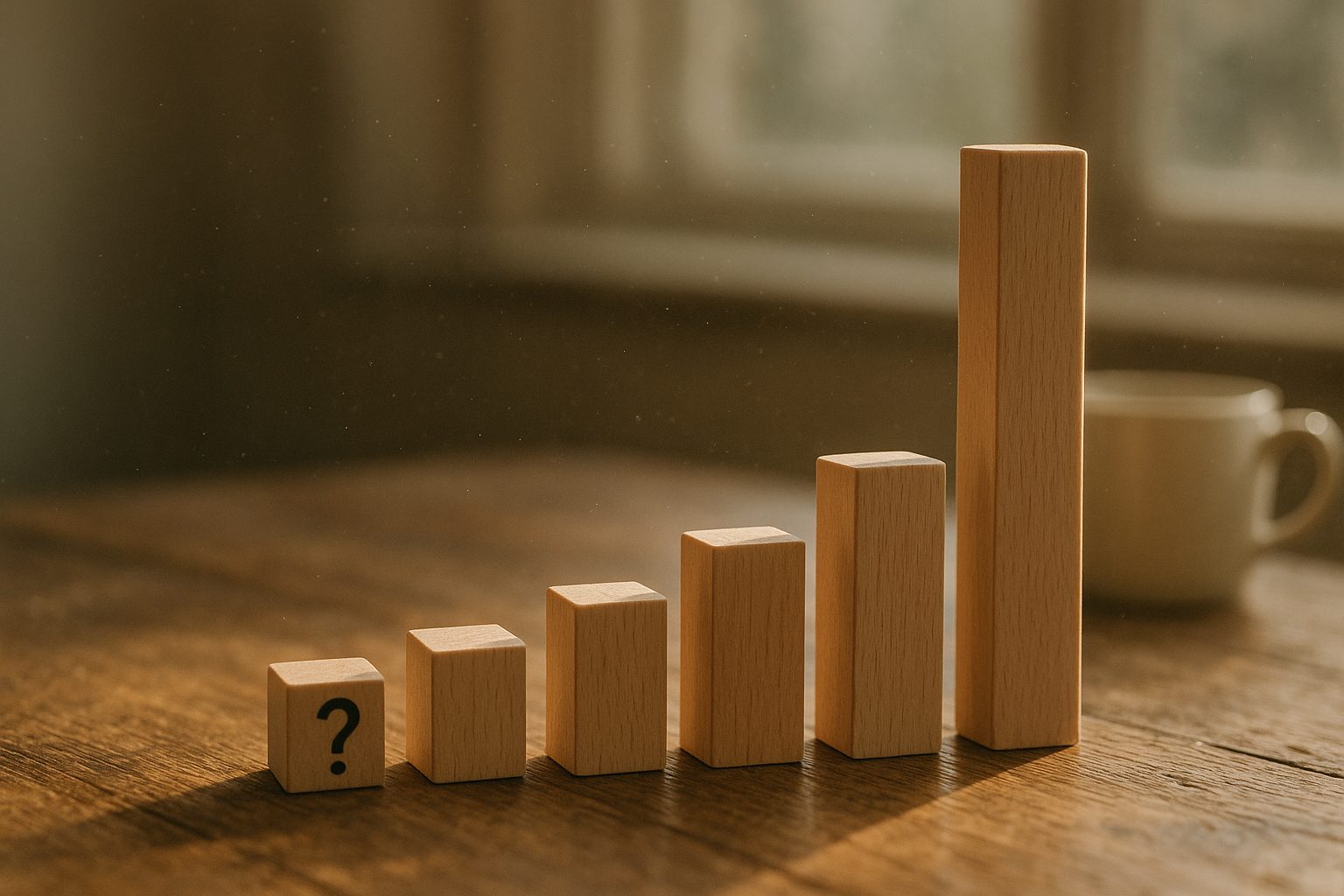 A bar chart with six bars, one dramatically taller than the rest, the shortest bar labeled with a question mark