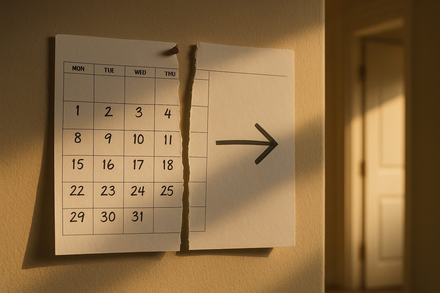 A calendar month split cleanly in two, the second half shaded as ‘still yours’ with an arrow pointing out the exit
