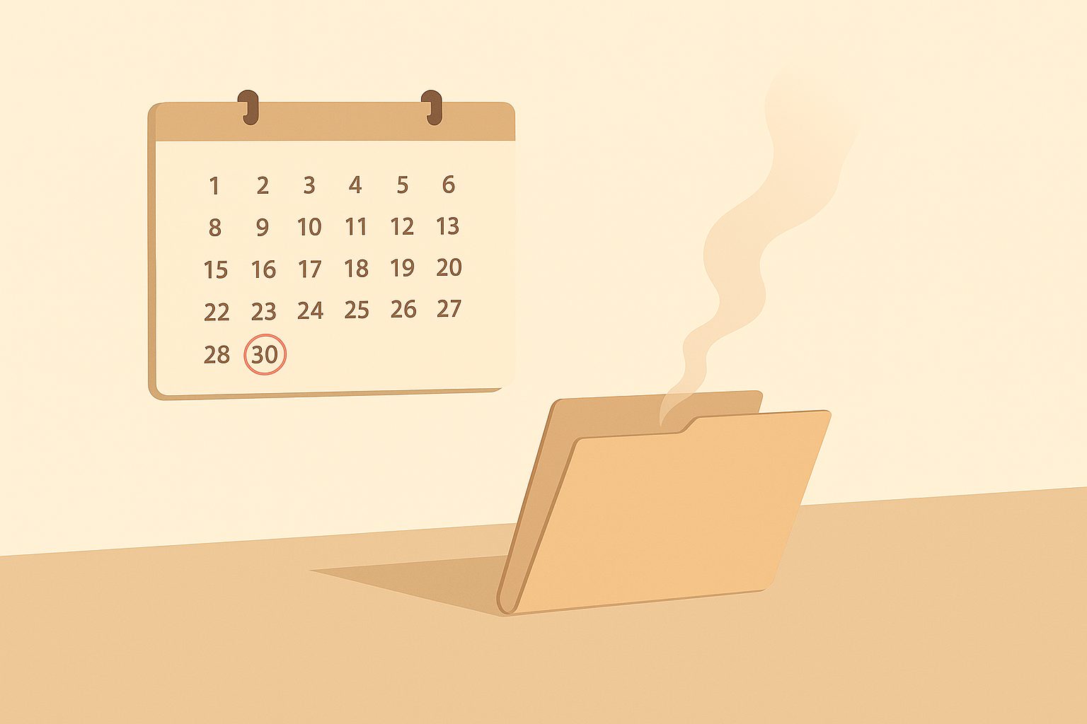 A wall calendar with day 30 circled in red ink, and a paper file folder turning into faint smoke just past that date