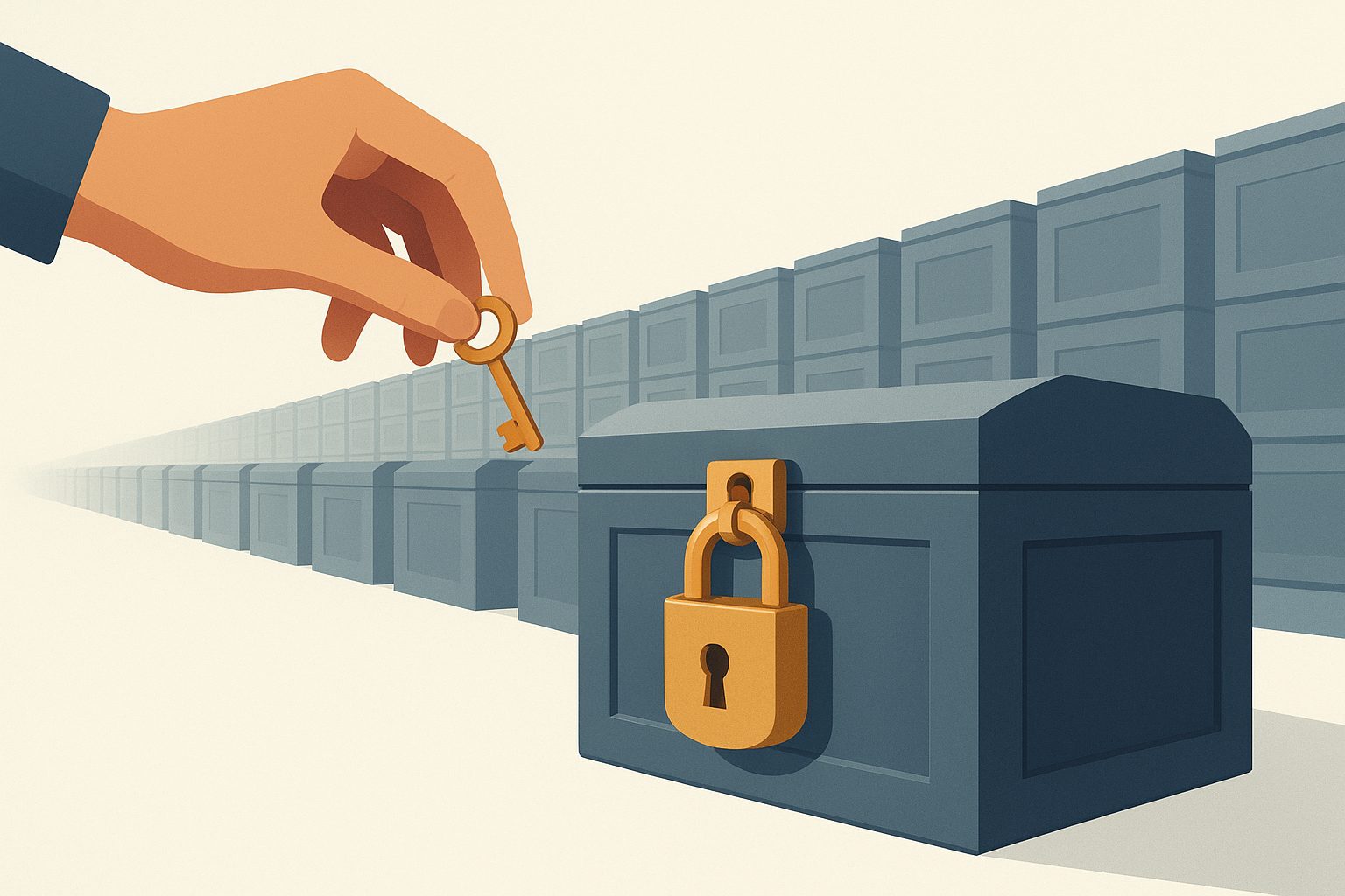 A padlocked steel chest held closed with a single key dangling from an outstretched hand, and in the background a long server rack of identical locked chests with no keyholes at all