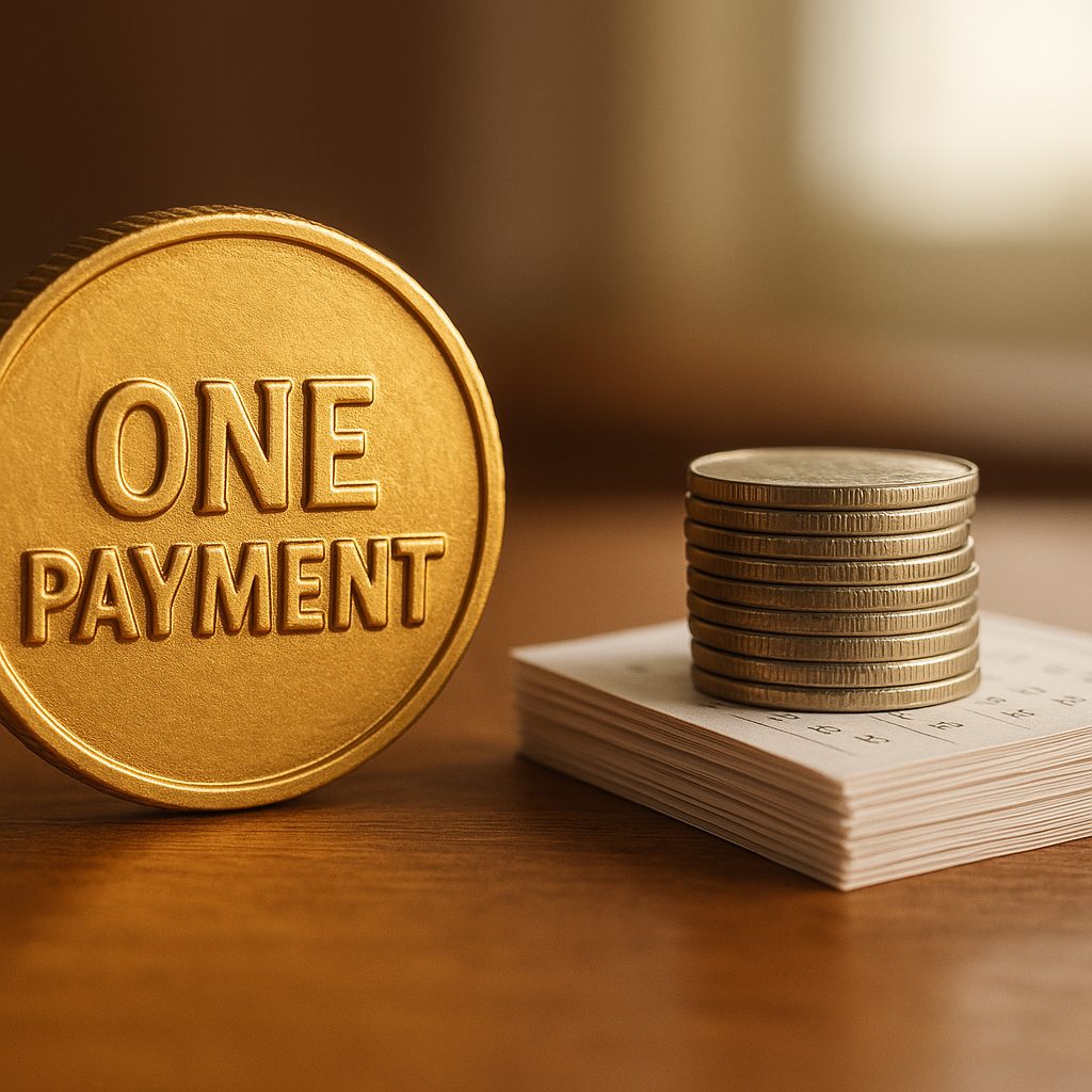 a single heavy gold coin stamped with the words one payment, beside a stack of twelve thin monthly calendar pages each carrying a small silver coin, contrasting a lifetime deal against a recurring subscription