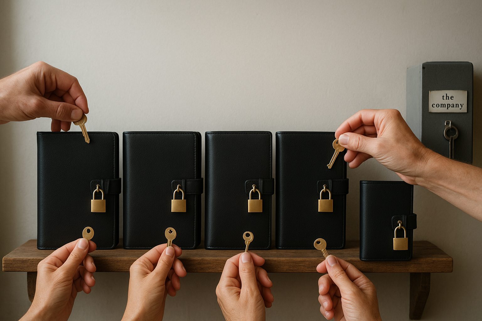 Five identical padlocked notebooks on a shelf, each with its key held in a different person’s hand, while a sixth notebook has its key hanging from a server rack labeled ‘the company’