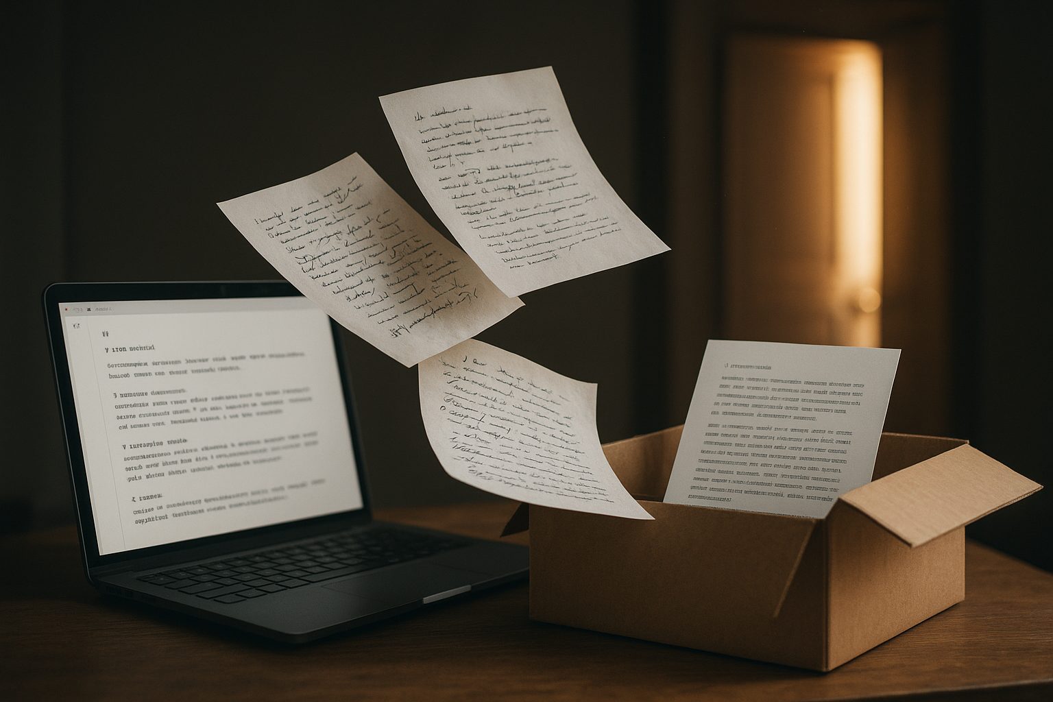 Handwritten notebook pages turning into tidy Markdown text files sliding out of an open laptop screen into a cardboard moving box, an unlocked exit door glowing behind