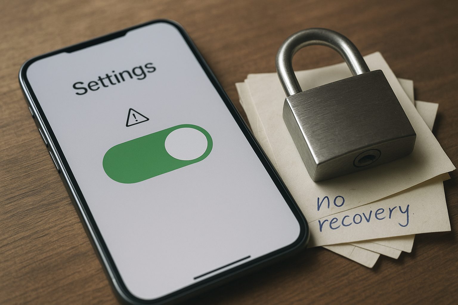 A device settings screen with one large toggle switch flipped on, a padlock clicking shut over a stack of notes, a small warning icon beside the toggle