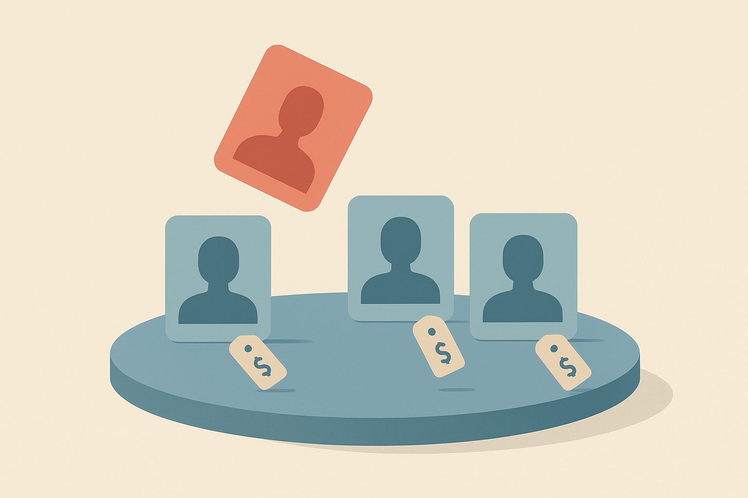 One card being lifted off a shared plan while three other avatars each gain a small price tag now visible to them