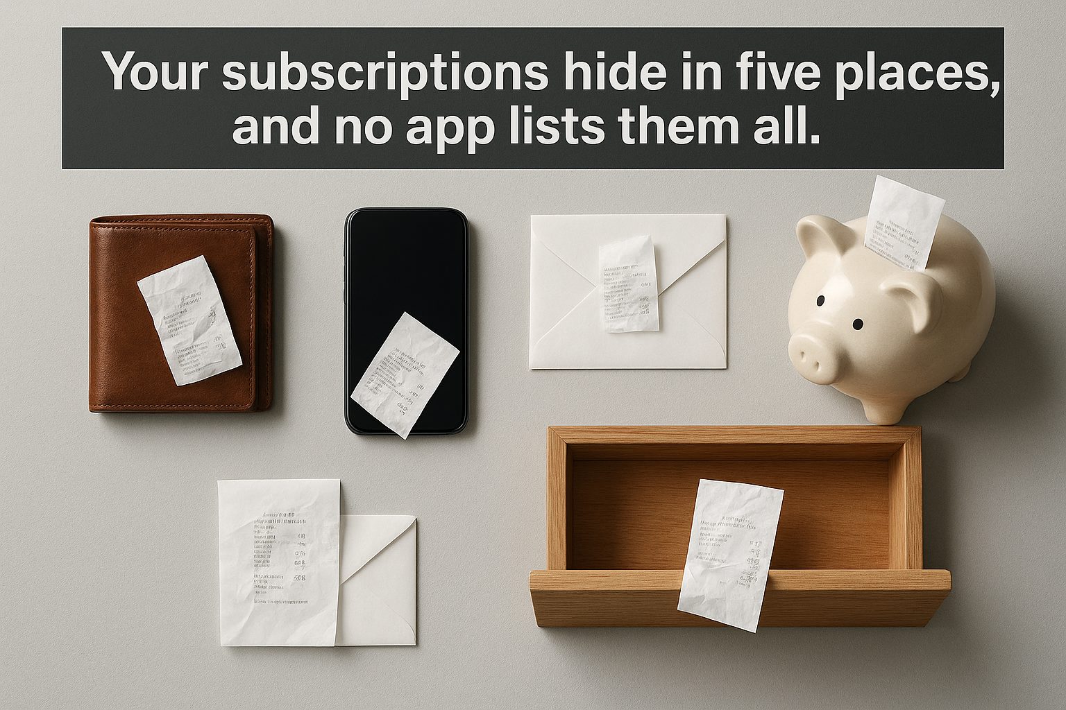 Five places a recurring charge can hide — a wallet, a phone, an envelope, a piggy bank, and a drawer