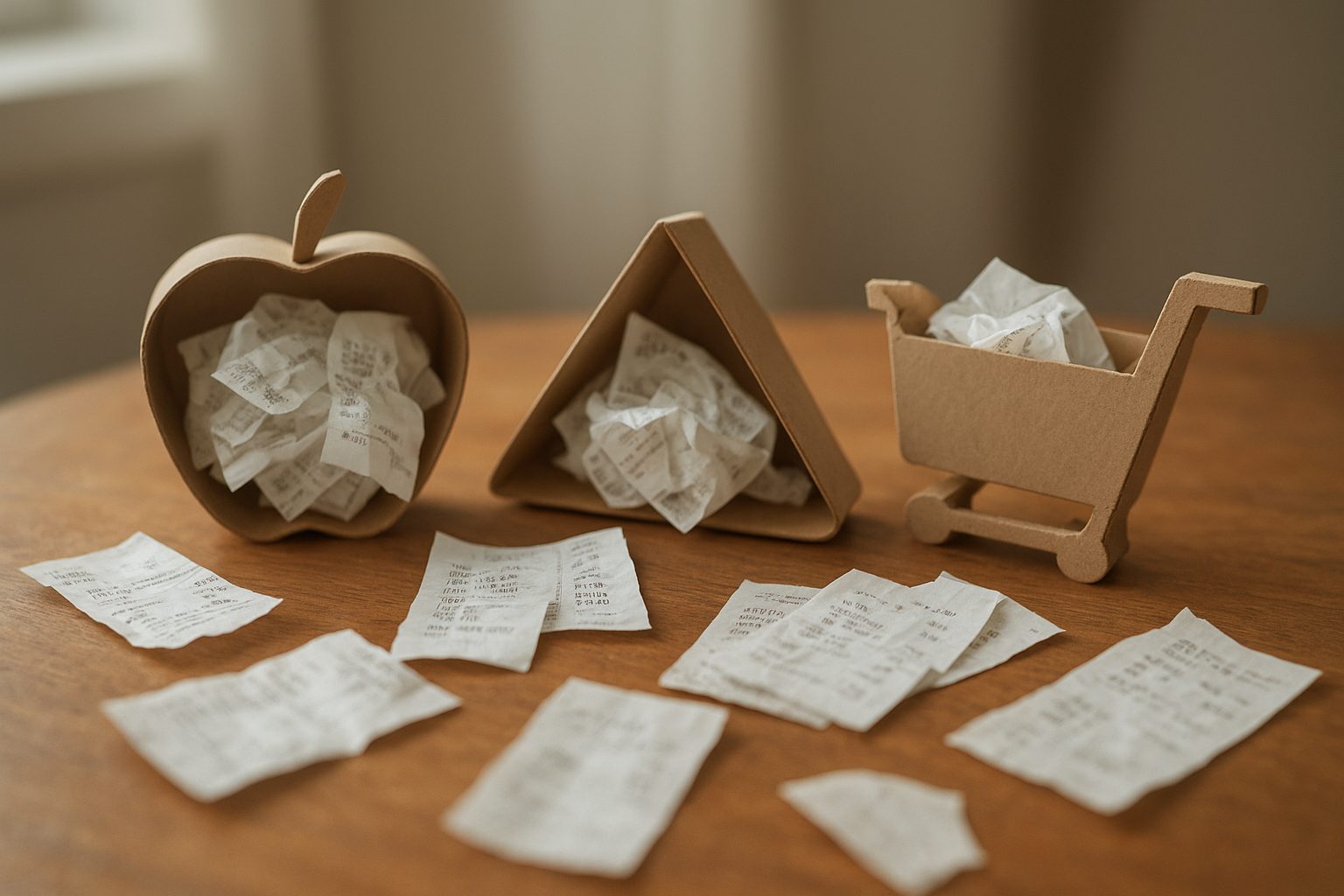 Three separate containers — one apple-shaped, one a play triangle, one a shopping cart — each holding a few receipts while others lie outside all three