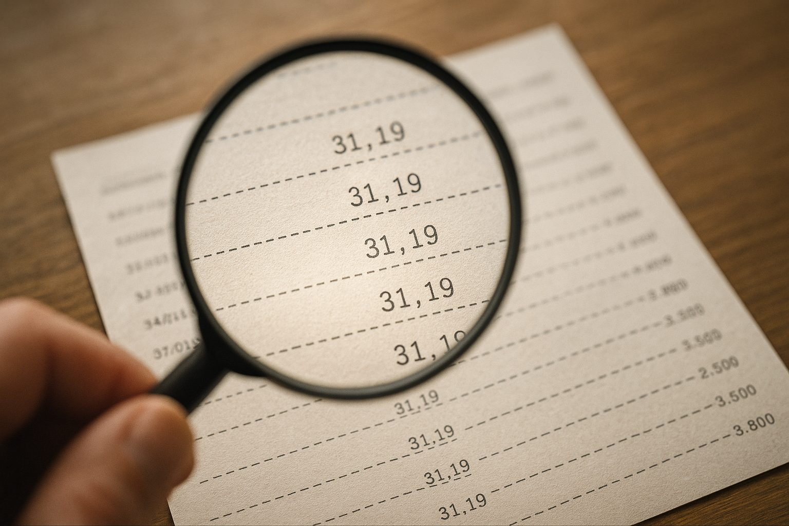 A magnifying glass held over a bank statement, its lens brightening several small identical recurring-charge lines