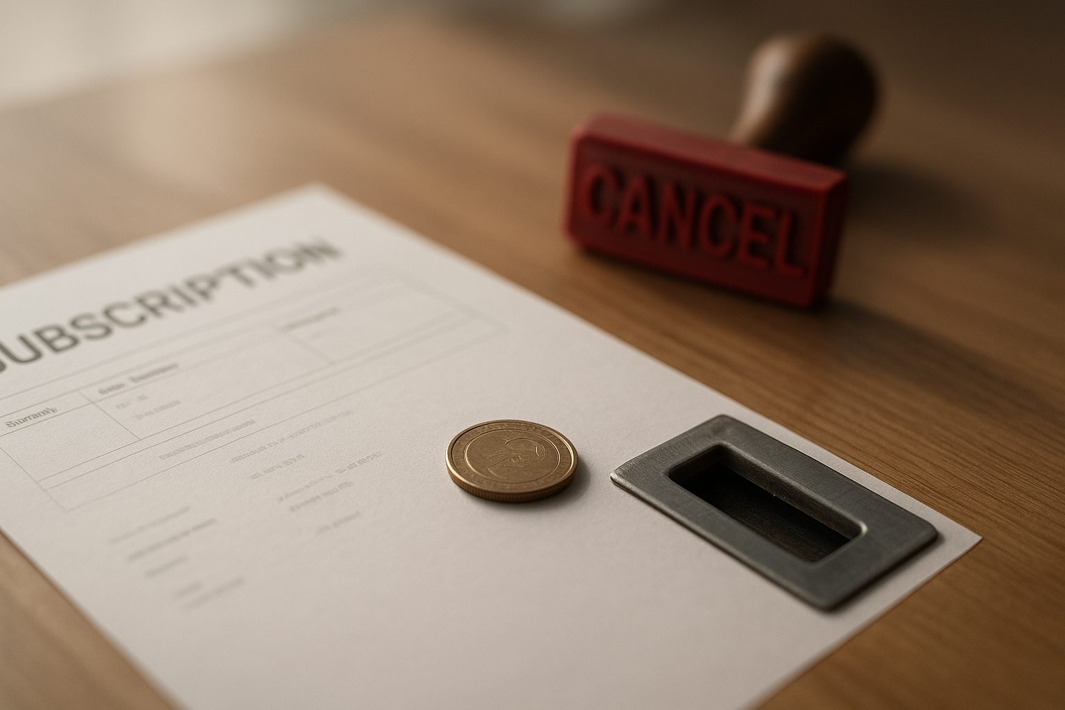 A paper bill with a ‘cancel’ stamp resting behind a small coin slot holding a single coin, the stamp just out of reach