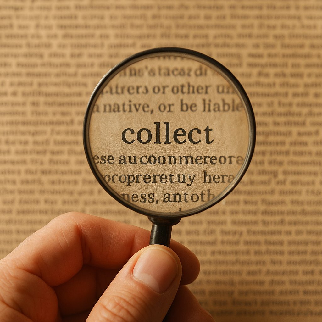 A magnifying glass held over a wall of legal text, isolating the word “collect”