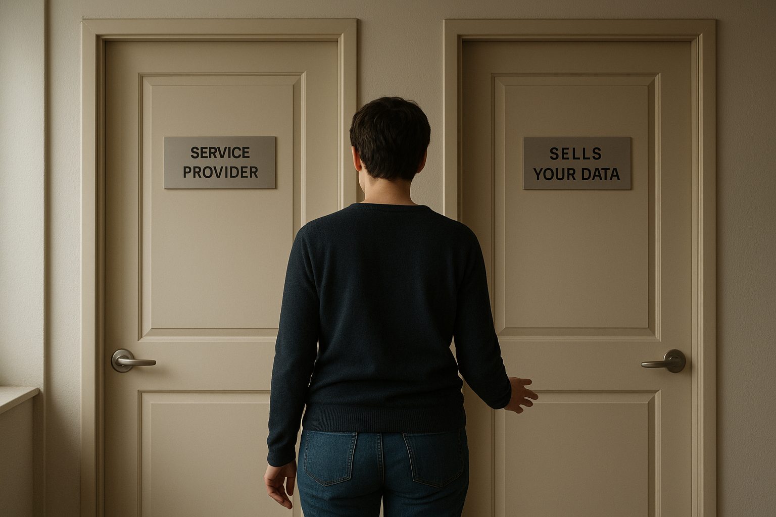 Two doors, one labeled “service provider” and one labeled “sells your data,” with a person hesitating