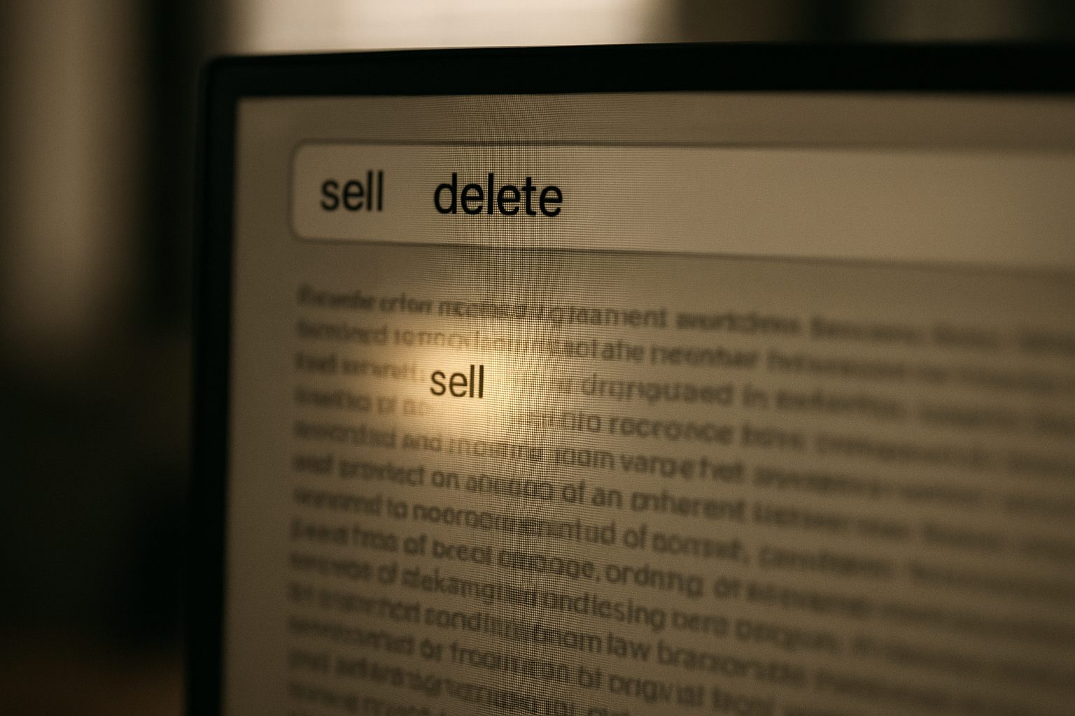 A search bar with the words “sell” and “delete” typed in, scanning a dense document