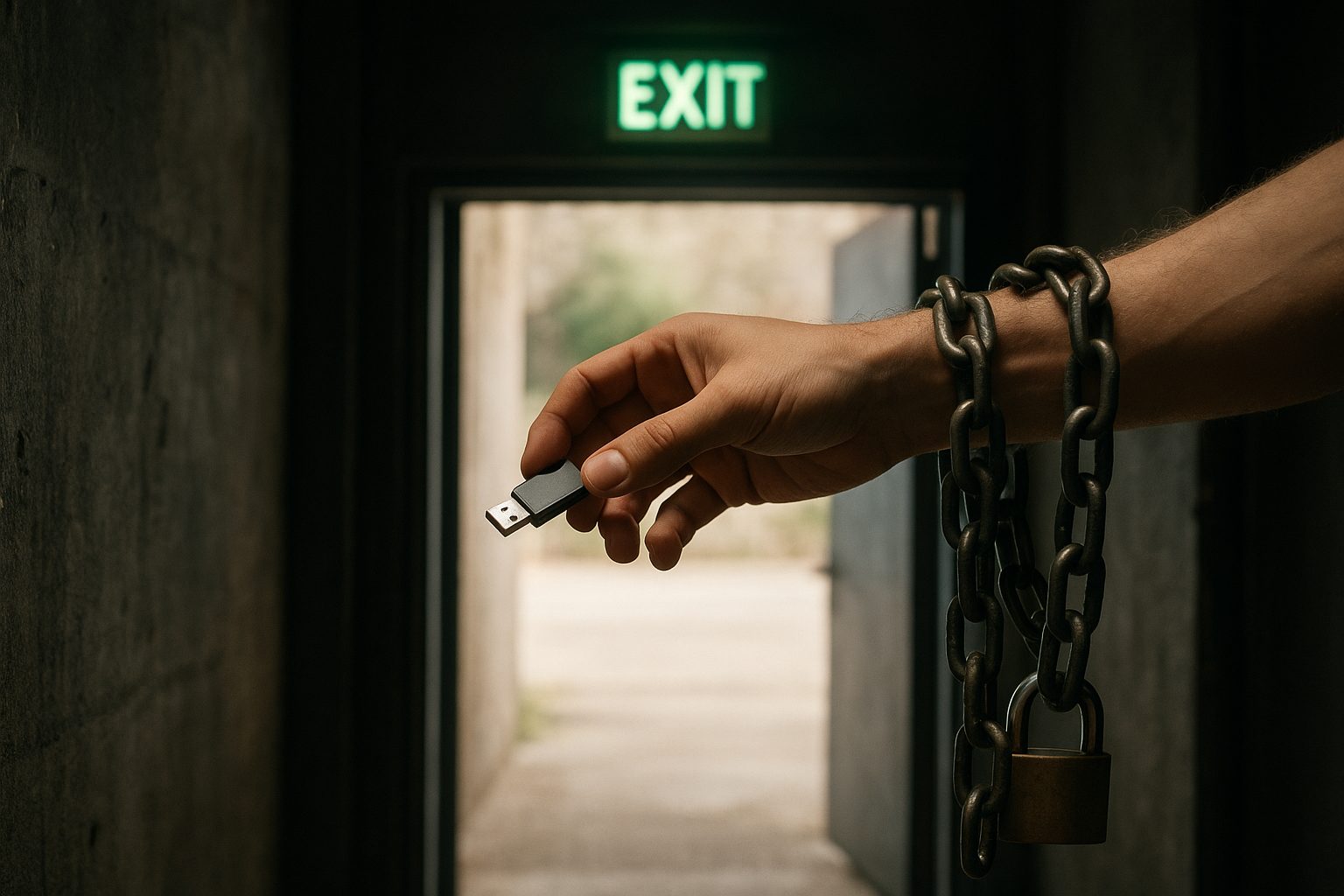 An open exit doorway with a green EXIT sign glowing above it, a hand passing a single USB key over the threshold while heavy padlocked chains still loop around the other wrist