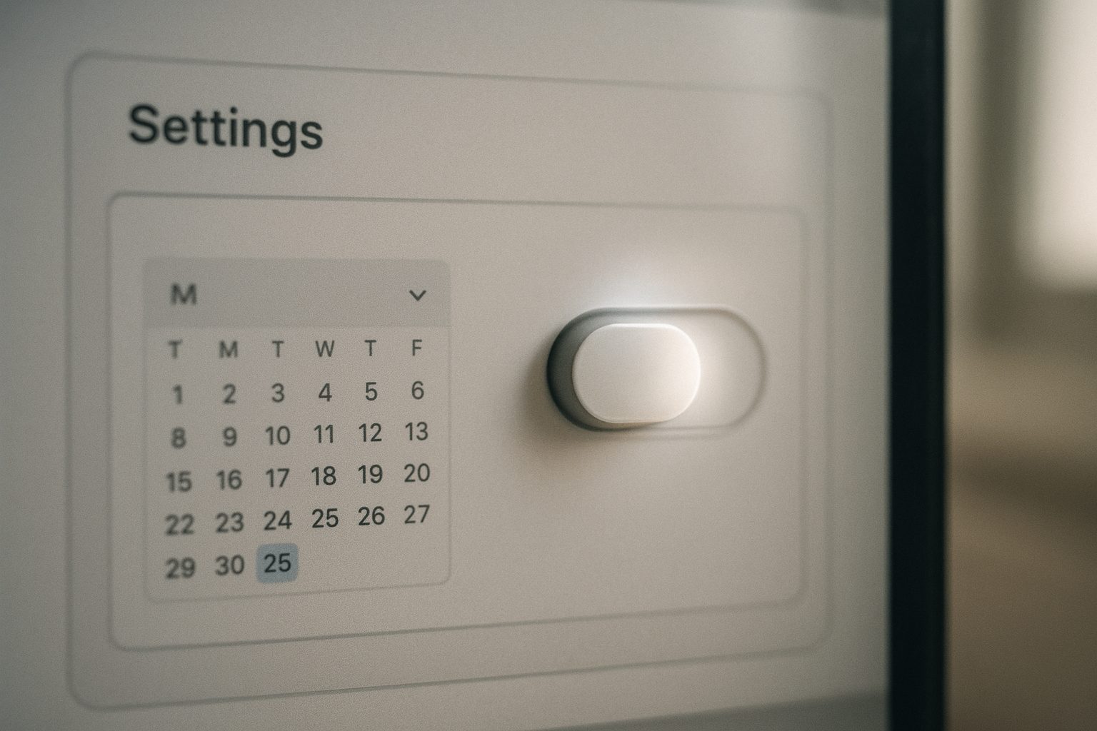 A browser settings page with a single clean toggle labeled Recurring billing mid-flip from On to Off, a calendar beside it still showing a full remaining month before the expiry date