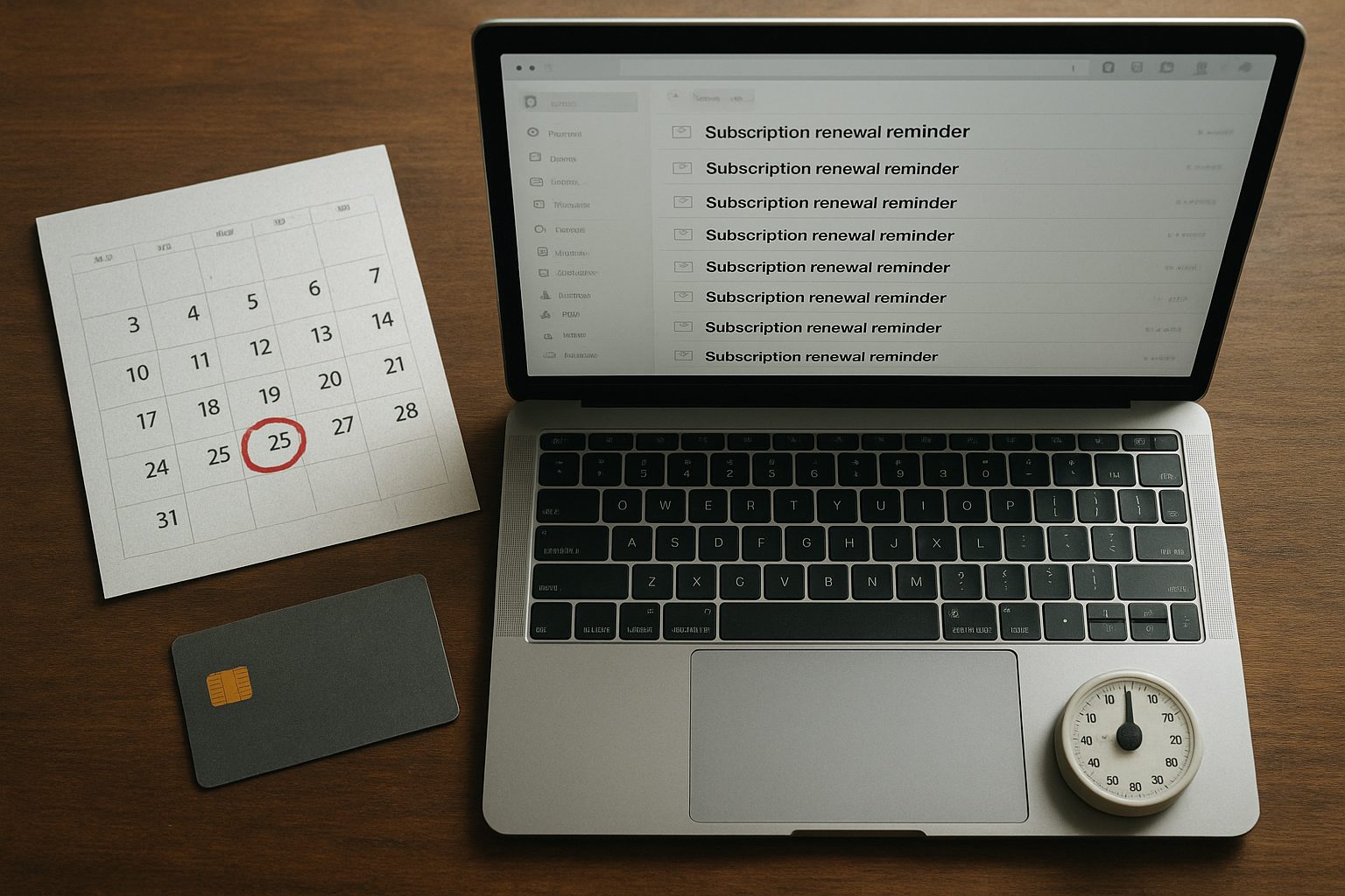 An inbox filling with renewal reminder emails, the renewal date circled in red on a wall calendar, a countdown dial and a dormant credit card laid beside it