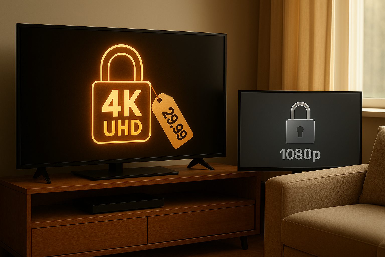 Illustration of a 4K badge behind a price-tag padlock