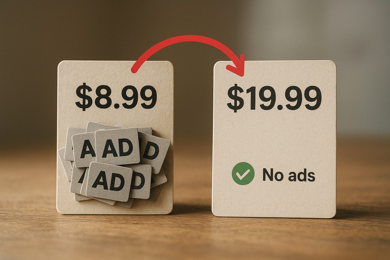 Illustration comparing an ad-supported plan card with an ad-free card