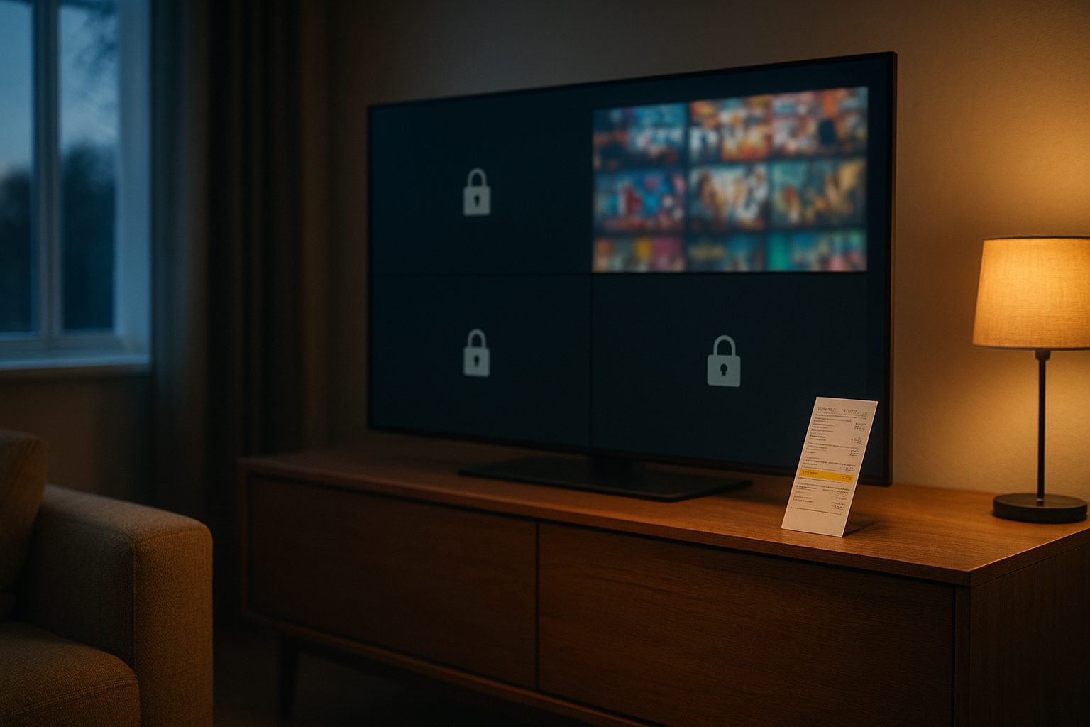 Illustration of several viewing screens beside an add-on receipt