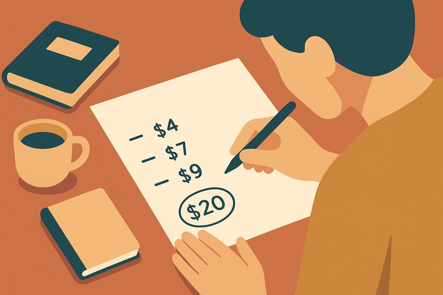 A person writing a simple list of bundle parts with prices beside each one