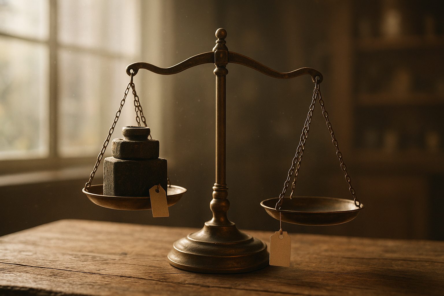 A set of balance scales with a crossed-out high price on one side and a small discounted price on the other, the second side tipping down as if weightless
