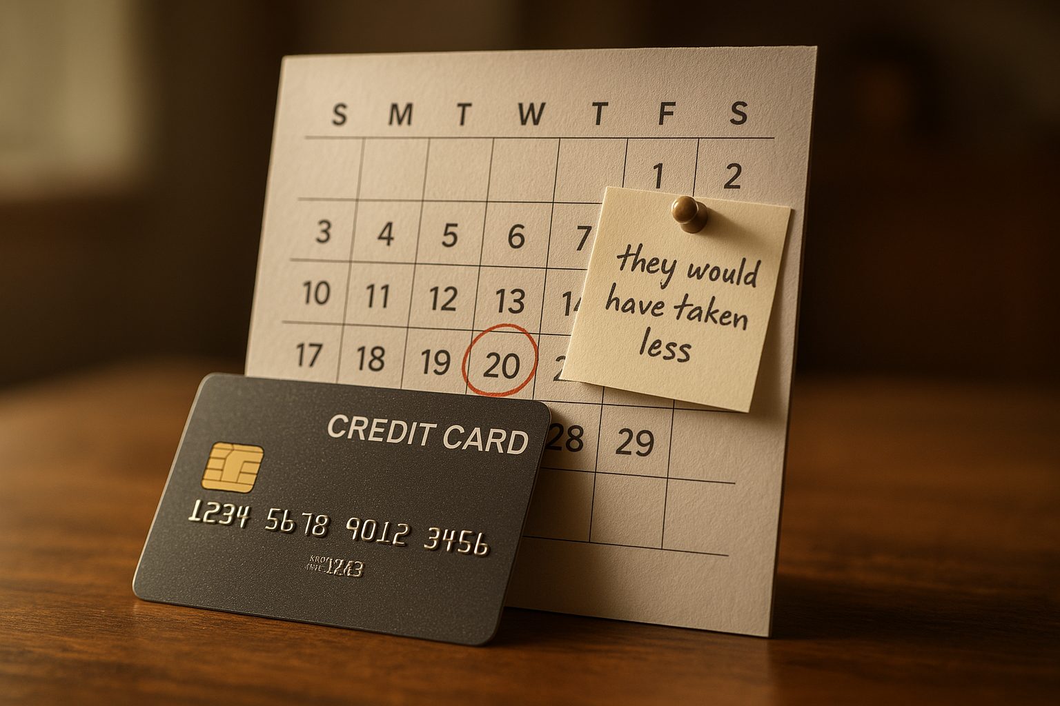 A credit card leaning against a calendar with one date circled, and a small note pinned to it reading “they would have taken less”
