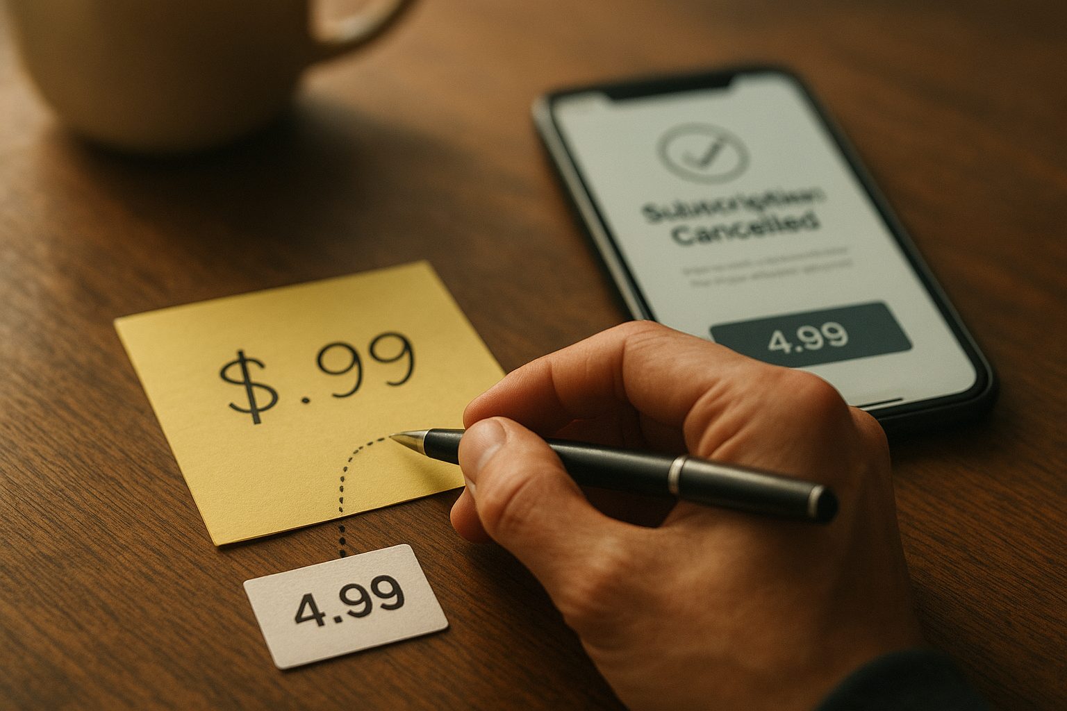 A hand writing a number on a sticky note beside a phone showing a cancel screen, a dotted line drawn from the written number across to an offer popup with a different figure