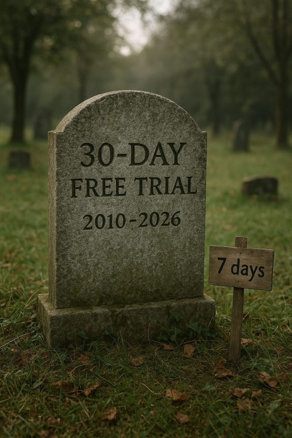 a gravestone in a quiet cemetery with 30-day free trial, 2010–2026 carved into it, while a much smaller sign reading simply 7 days stands beside it