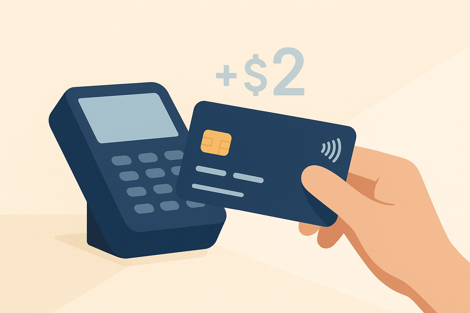 A credit card being charged with a faint plus-two floating above it