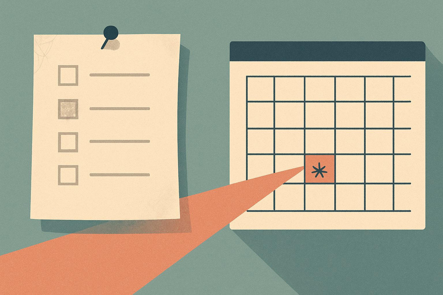 A to-do list where “cancel the app sometime” sits un-checked for months, then a calendar with a specific Saturday morning slot labeled “cancel the app”