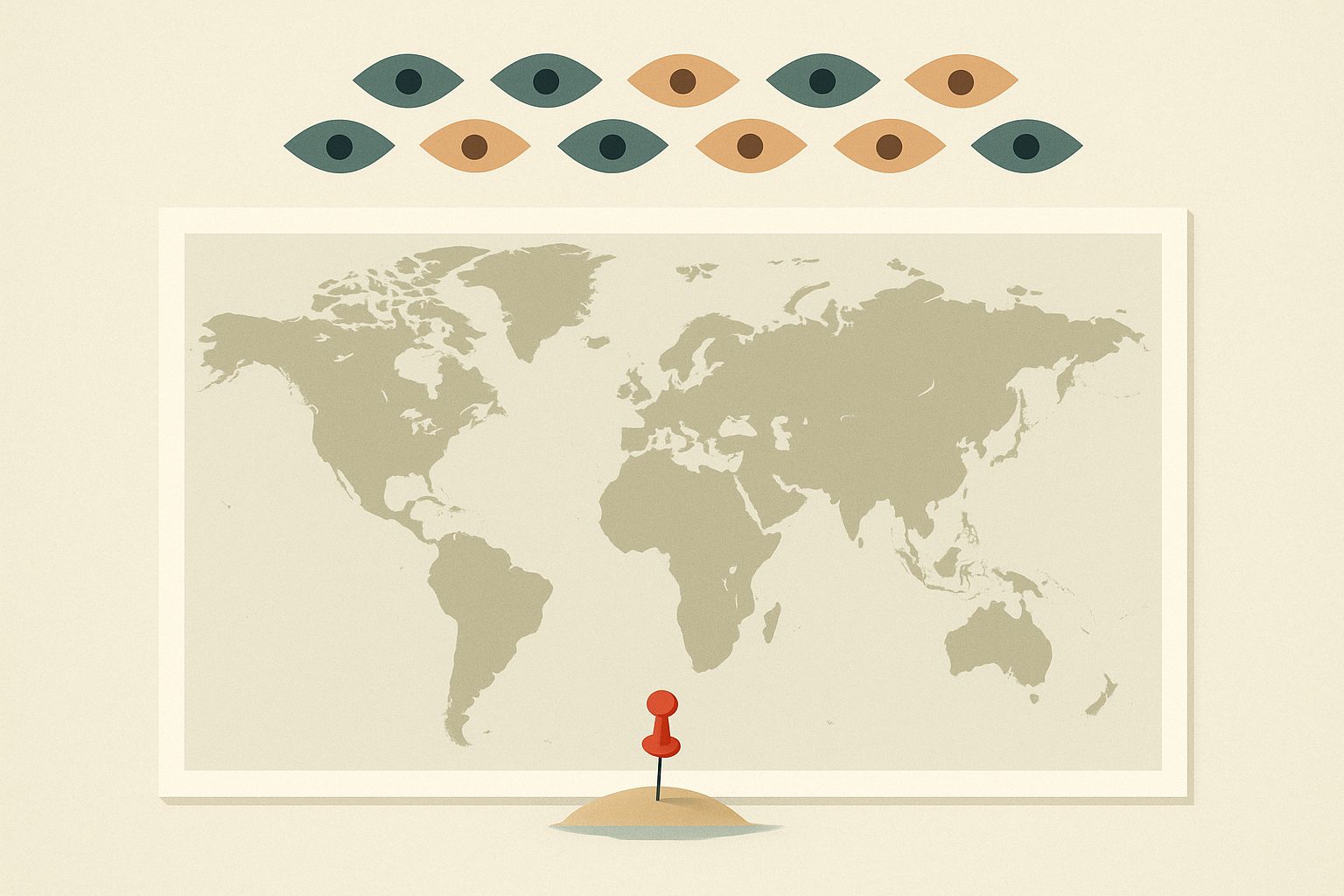 A world map with a single pushpin on a small offshore island while rows of five, nine, and fourteen eyes gaze down from above