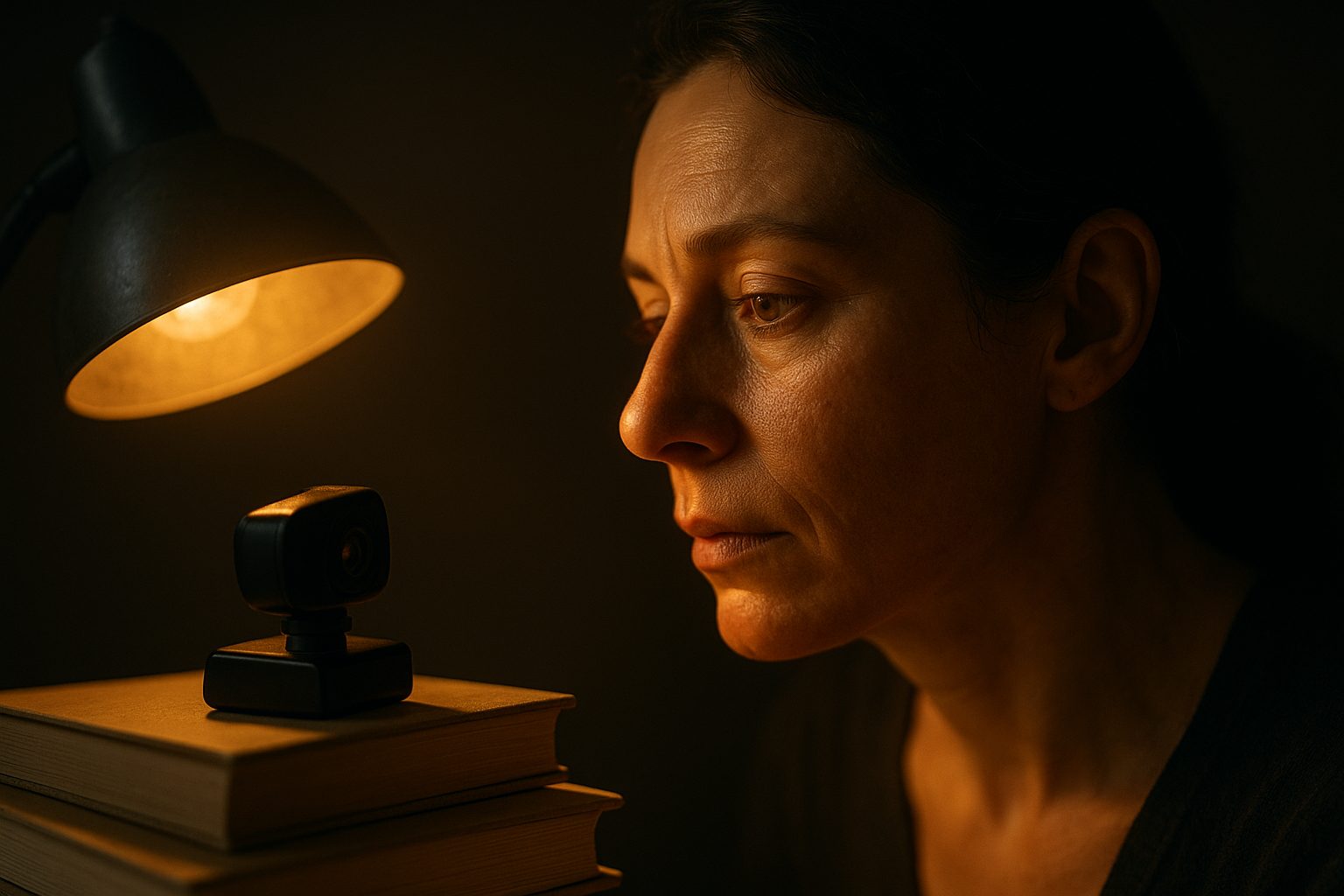 a desk lamp angled at a person’s face, the beam pooling warm light on their skin while a webcam watches, the background faded and clean