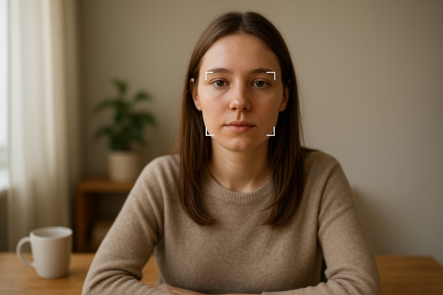 a video-call window where the person’s face has gone momentarily soft and blurred with a small focus-bracket graphic around it, as if the camera is still deciding