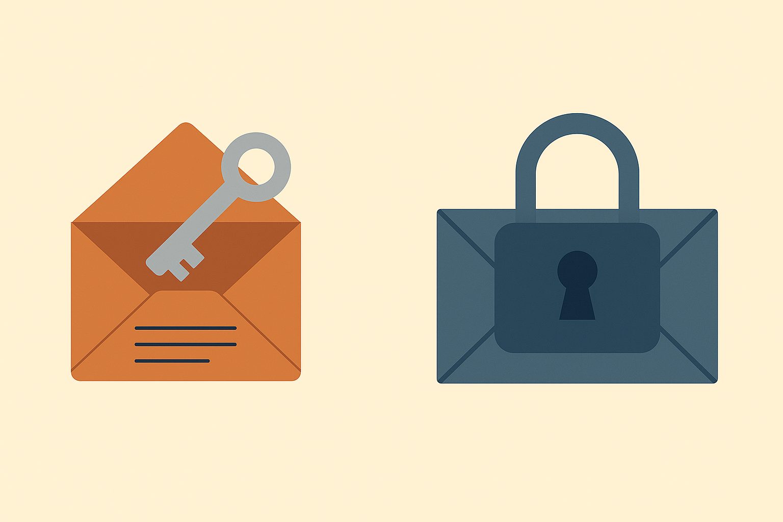 An envelope with a readable address sitting next to a second envelope wrapped in a padlock, the address smeared and unreadable