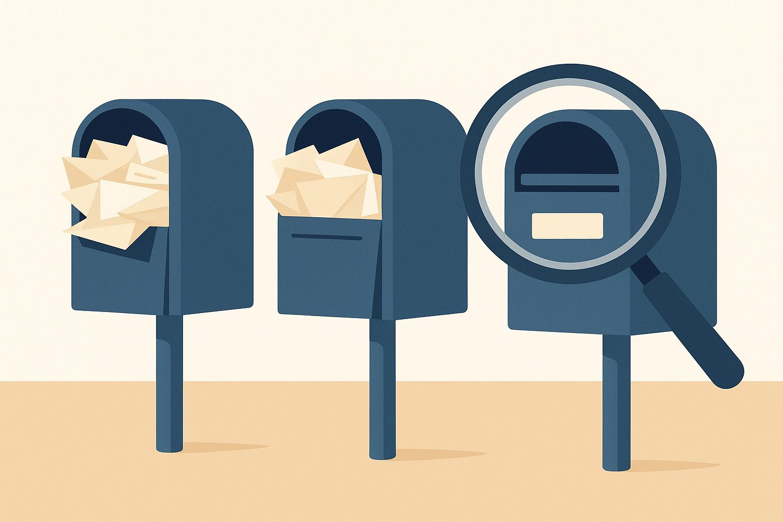 A row of three mailboxes, two labeled with jumbled letters and one clearly marked with a name and address, a magnifying glass hovering over it
