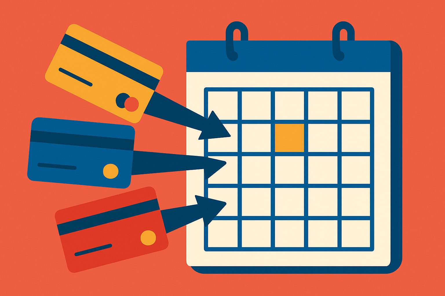 Three credit card icons pointing like arrows at the same single date on a calendar