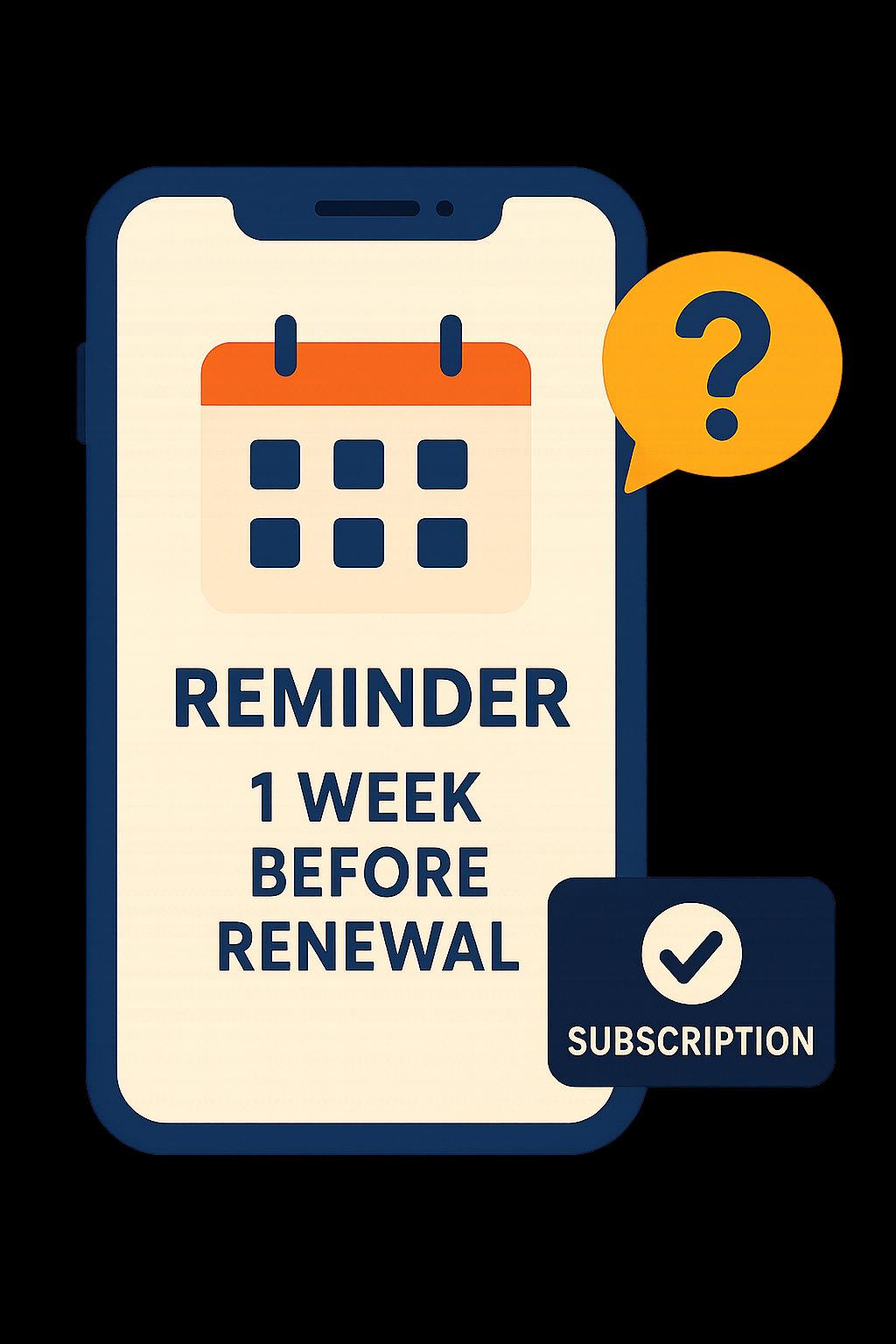 A phone screen showing a calendar reminder a week before a renewal date, a question mark over a subscription icon