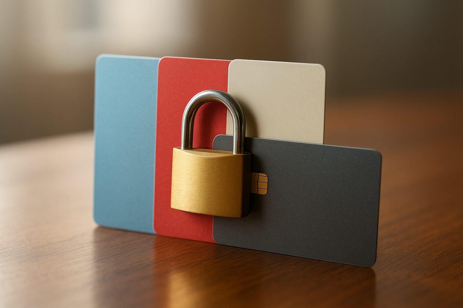 Three prepaid gift cards standing in a row like a barricade, a credit card held back by a small padlock