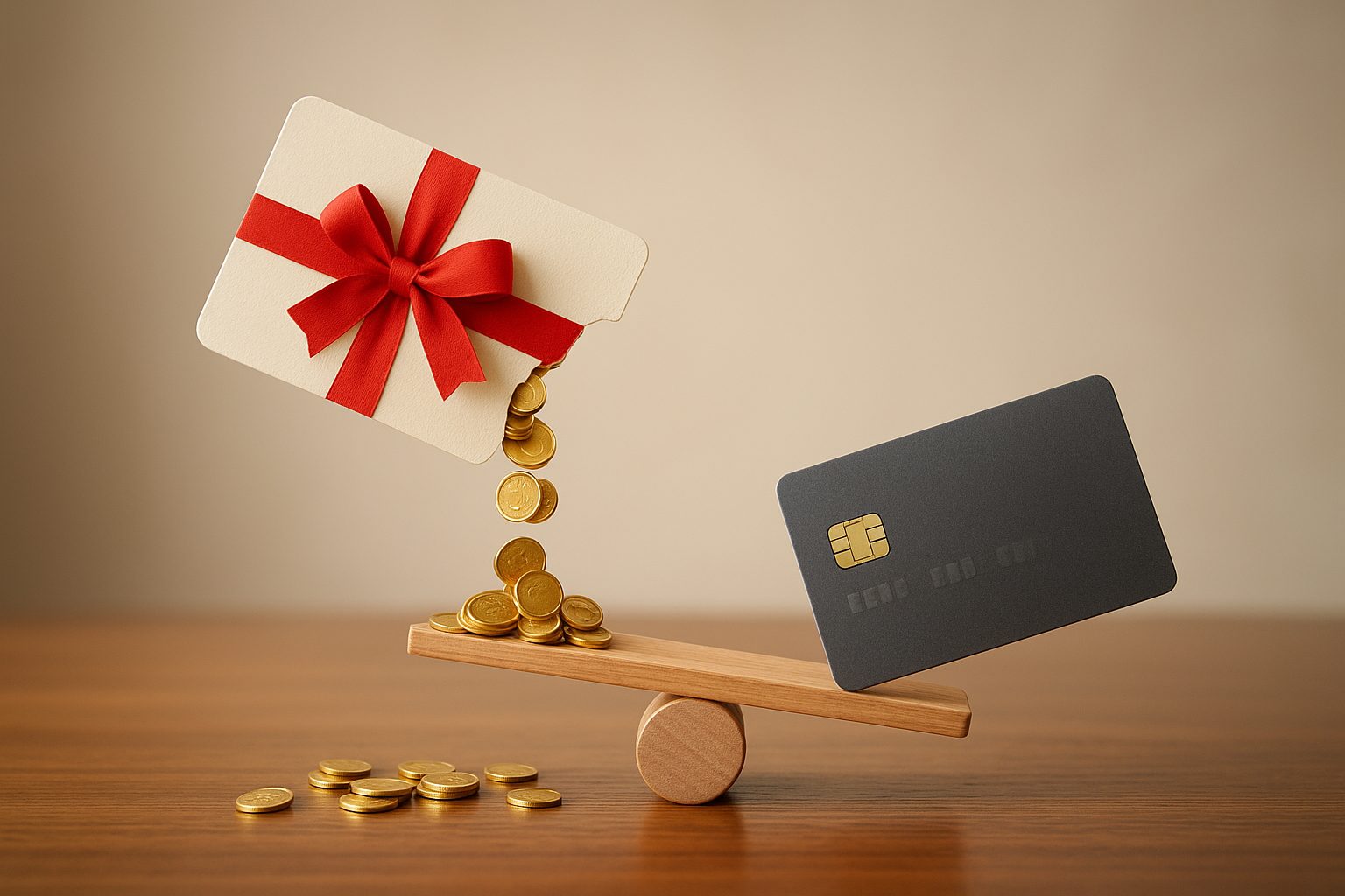 A gift card and a credit card balanced on a seesaw, the gift card tipping up and emptying as the credit card sinks to take over