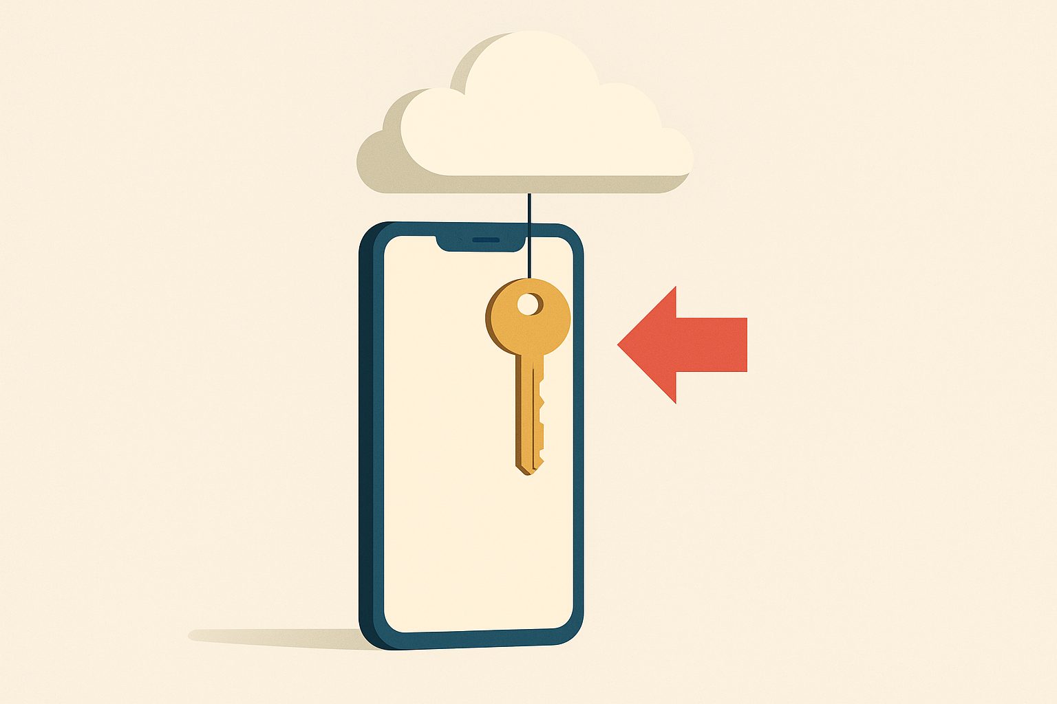 A cloud backup icon with a key dangling from it and a red arrow