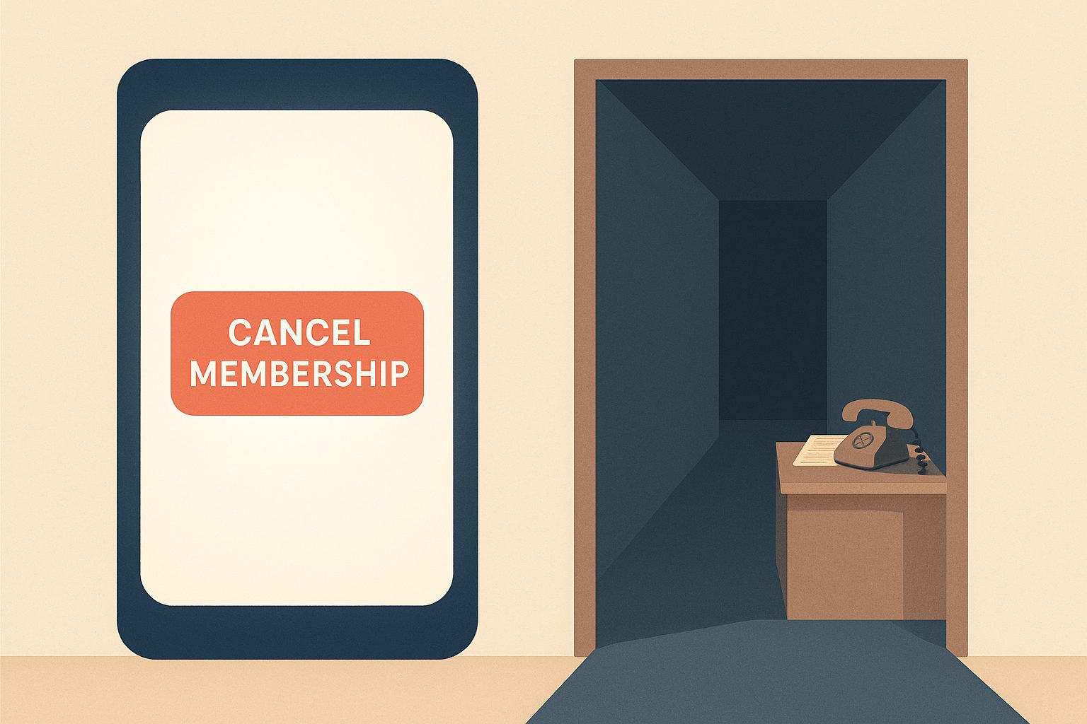 two doorways side by side: one a bright smartphone screen showing a single large “Cancel membership” button, the other a dim hallway ending at a front desk with a paper ledger and a corded telephone
