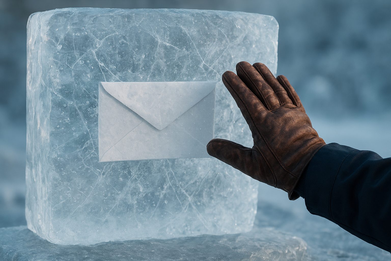 An envelope sealed inside a block of transparent ice, a hand reaching for it but the letter fused out of reach