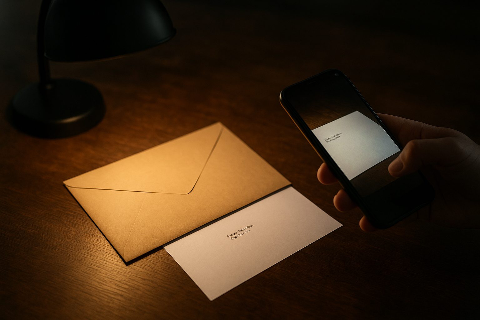 A sealed letter being photographed by a second hand, the envelope’s return address highlighted